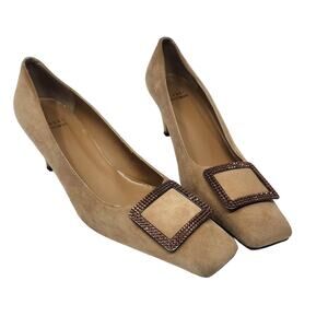Stuart Weitzman Suede Rhinestone Buckle Square Toe Pumps Low Heel Shoe Size 7.5